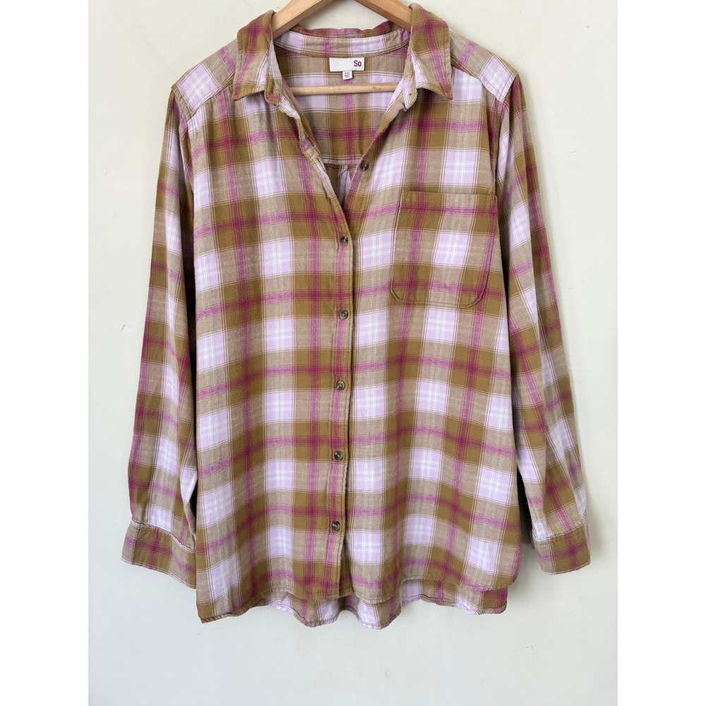 So XXL Plaid Flannel Shirt Cotton Long Sleeve Button Down Pink Fall Minimaliat